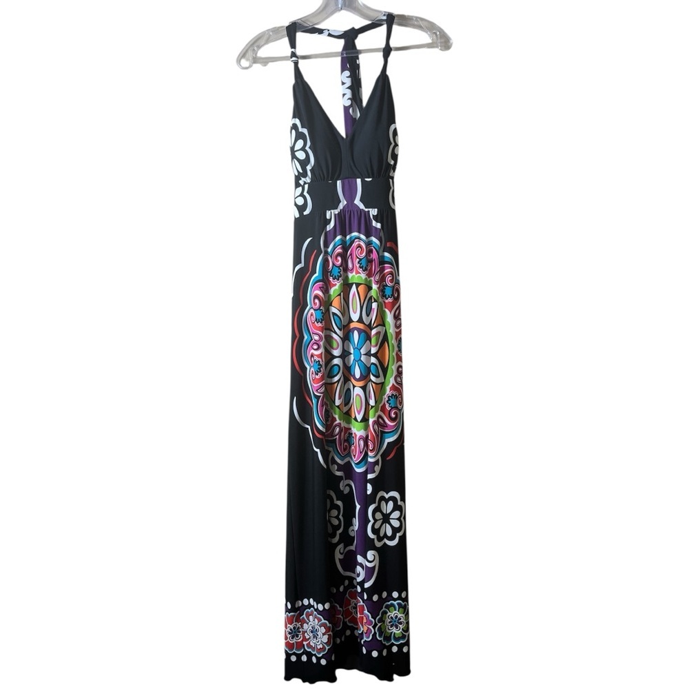 Boho Chic Black Halter Maxi Dress Size 6 Colorful‎ Mandala Print Festival Vibes